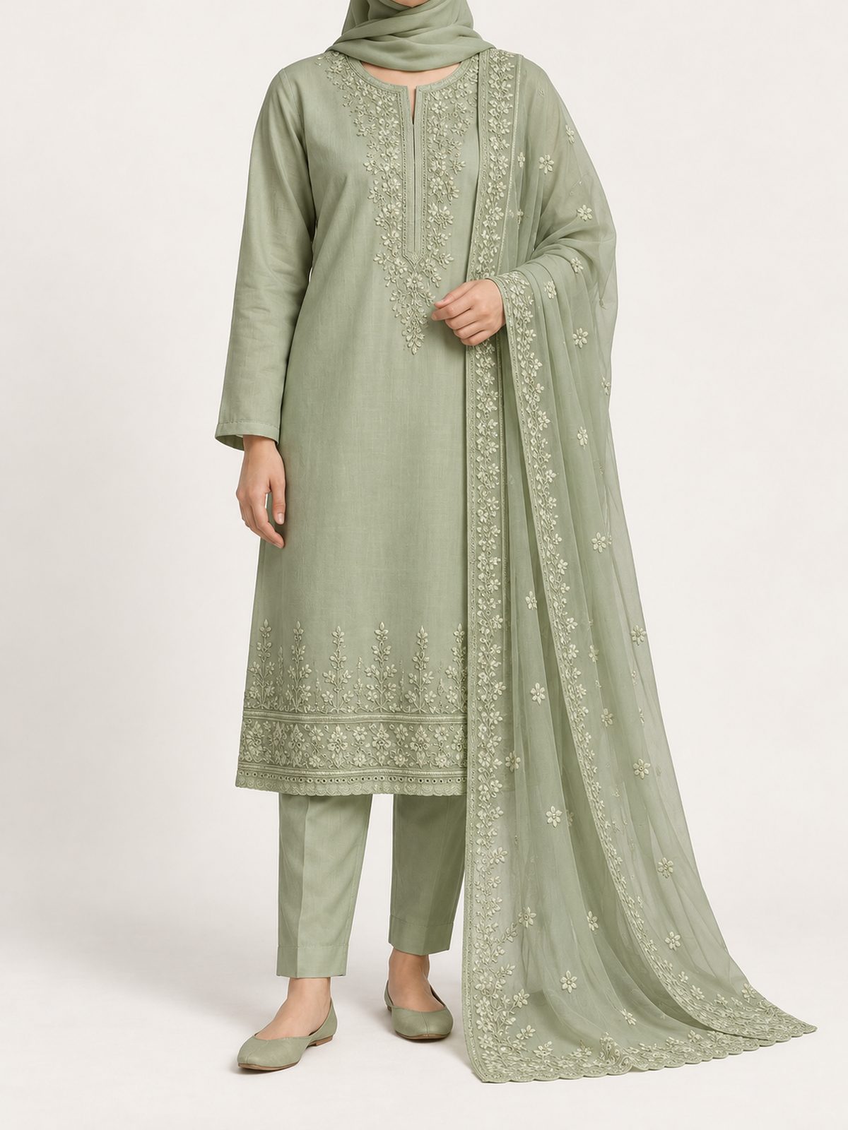 Embroidered Lawn Three-Piece in sage