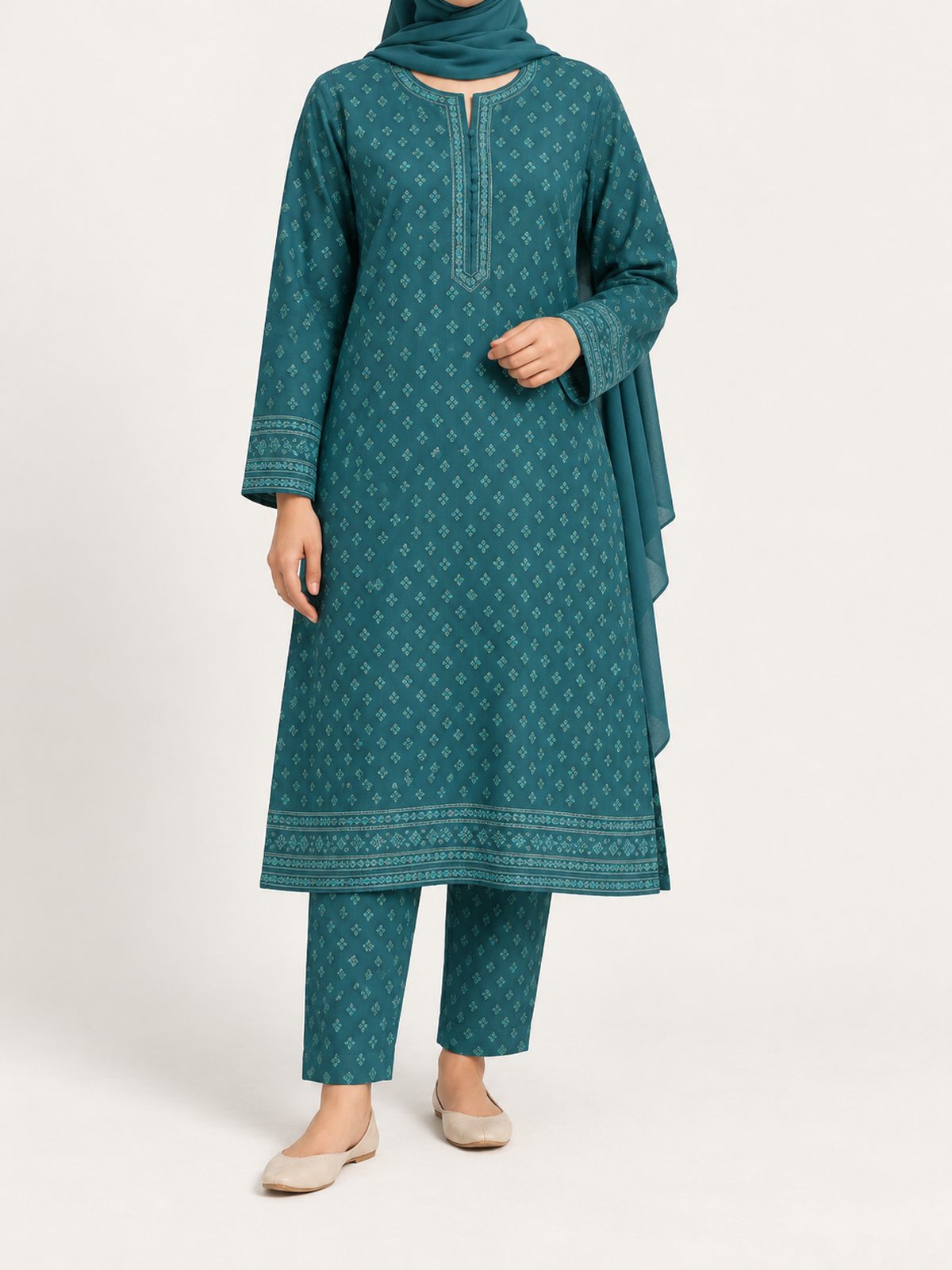 Printed Cambric Suit in teal